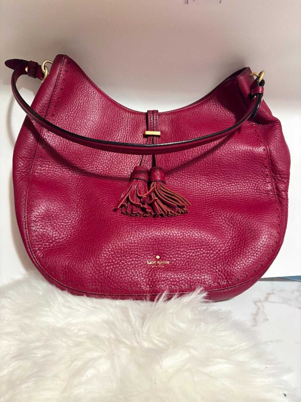 Kate Spade New York Burgundy Pebbled Leather Tassel Hobo Shoulder Bag